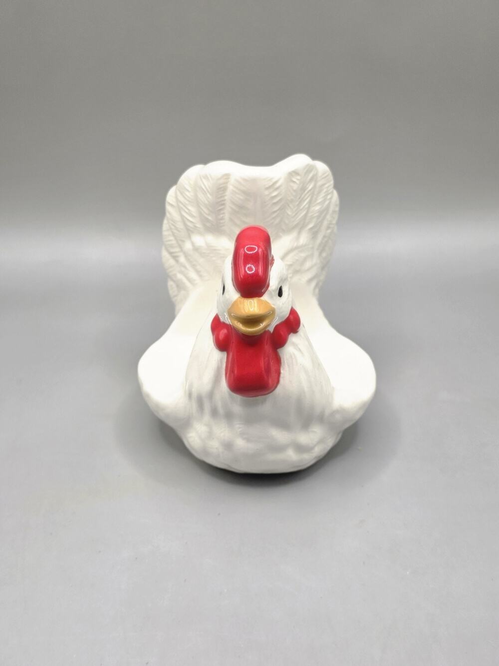 Vtg Rooster Hen Ceramic Napkin Mail Caddy White Red Trim Country Kitchen Decor